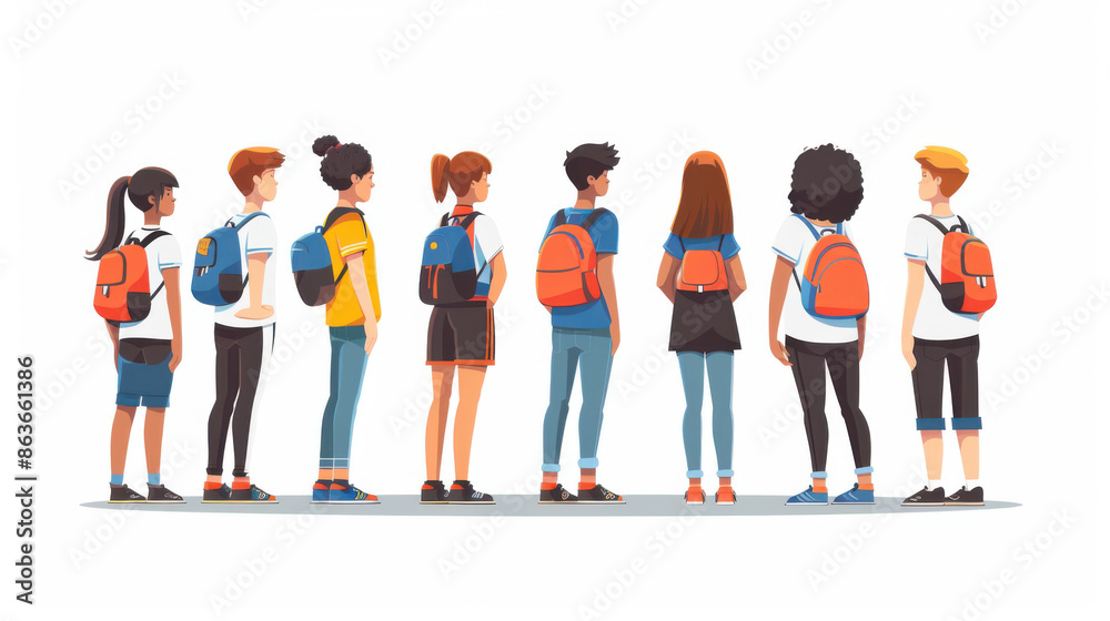 Obraz premium Illustration of a diverse group of school children with backpacks, standing in a row, representing education and youth diversity.