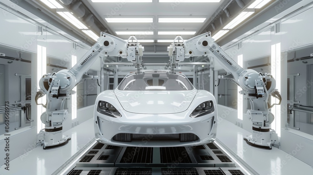 Obraz premium Precision Perfection HighTech Robots Crafting Flawless Car Bodies in StateoftheArt Factory Setting