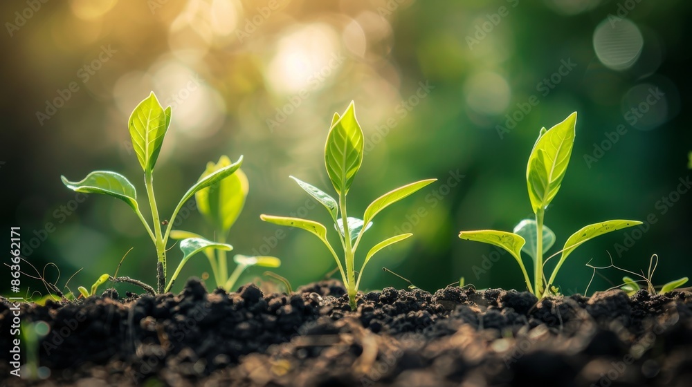Image features four green seedlings emerging from dark soil, bathed in sunlight. The growth and vibrant leaves signify the ideas of new beginnings and development. Image features four green seedlings emerging from dark soil, bathed in sunlight. The growth and vibrant leaves signify the ideas of new beginnings and development.