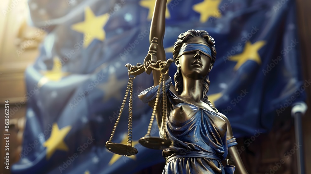 Statue of the blindfolded goddess of justice Themis or Justitia, against an European flag, as a legal concept Statue of the blindfolded goddess of justice Themis or Justitia, against an European flag, as a legal concept