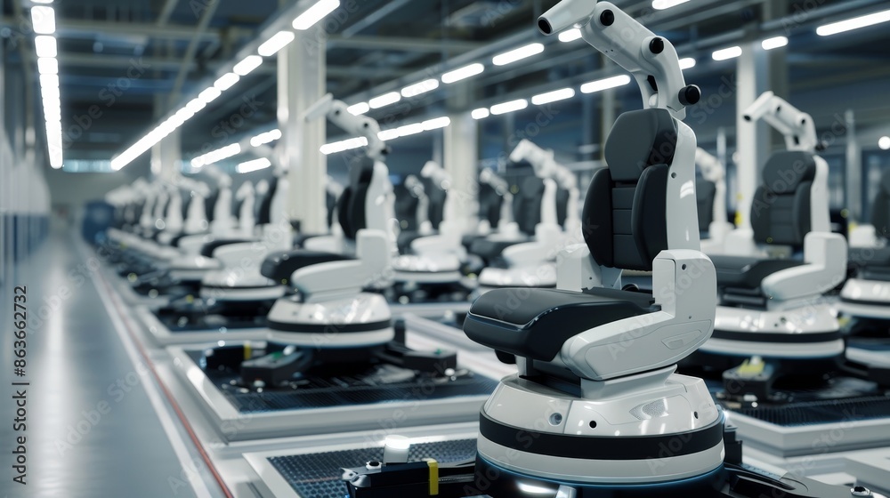 Obraz premium Efficient Automation HighTech Robots Seamlessly Installing Car Seats with Precision and Speed