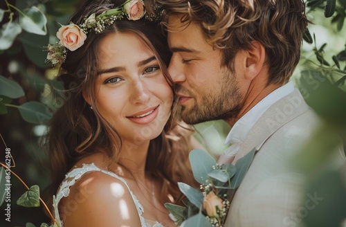 Happy Bride and Groom Embracing in a Lush Green Garden