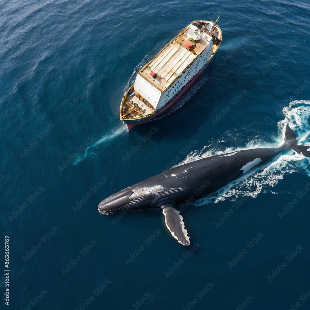 Fototapeta premium A whale swims near the ship