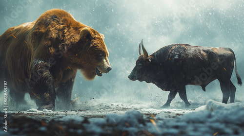 The large bear and the bull are standing face to face, indicating a market with high tension and mixed sentiments, where pessimism and optimism are in direct confrontation. photo