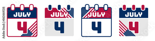 4th of July - American Independence Day Calendar Icon Set. Isolated Design on White Background