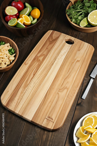 Tabla de madera para cortar, utencilios de cocina sobre una superficie lisa photo