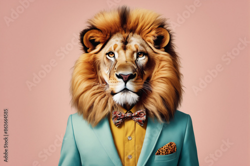Dressed lion, stylishly dressed glamorous. Generative AI © Denis Lytiagin