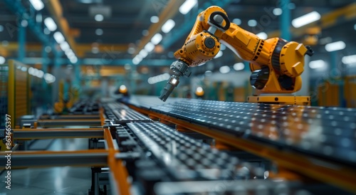 Robotic arm assembling solar panels in modern factory setting highlighting advanced manufacturing and automation