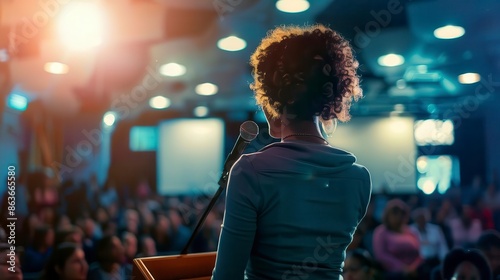 A woman giving a speech on a stage with a spotlight on her.
