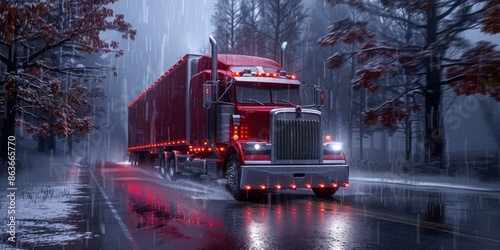 Red Semi-Truck Driving Through Rain and Snow photo