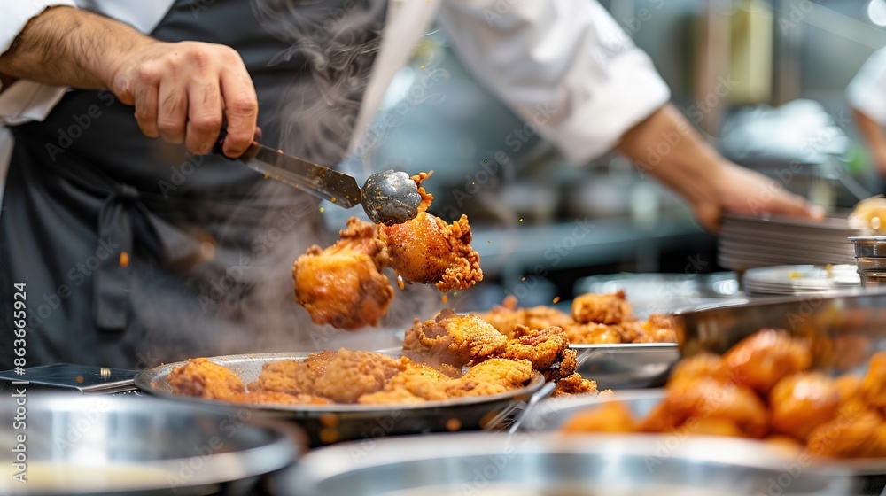 Professional chef expertly preparing delicious fried chicken in a commercial kitchen,National Fried Chicken Day, Labor Day, festivals, party events, food, 4k HD wallpapers Professional chef expertly preparing delicious fried chicken in a commercial kitchen,National Fried Chicken Day, Labor Day, festivals, party events, food, 4k HD wallpapers
