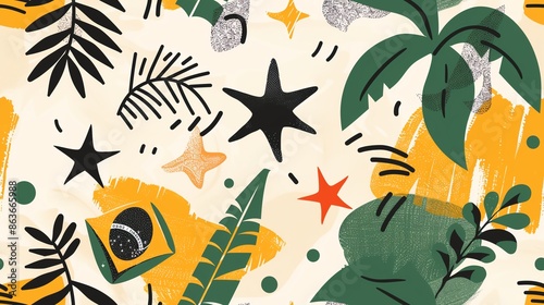 Minimalist hand-drawn national flag and symbol of Brazil seamless pattern