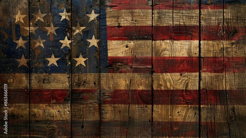 American flag's stars and stripes close-up on weathered wood for patriotic tradition.