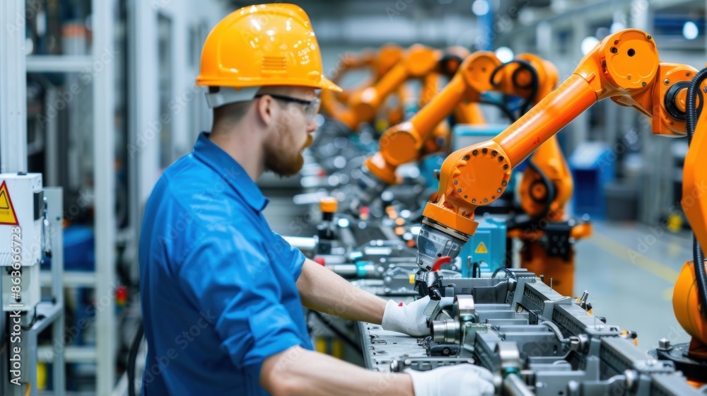 A skilled technical worker man operating robotic arms in an automated production line A skilled technical worker man operating robotic arms in an automated production line