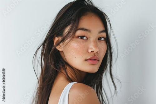 A photograph of a mixed-race woman with Korean and African heritage, relaxed pose, straight-on angle, half-body shot. White background.  © Kevin