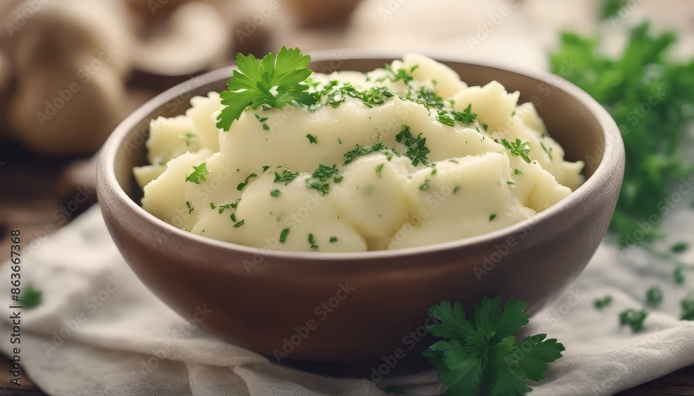 mashed potatoes a bowl decorated with parsley leaves mashed potatoes a bowl decorated with parsley leaves