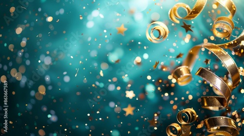 close up on group of gold color of rolling ribbon and confetti on teal background with copy space for christmas festival happy new year ,carnival , birthday and anniversary, concept design