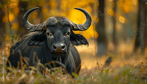 African buffalo (Bubalus bubalis) in the autumn forest photo