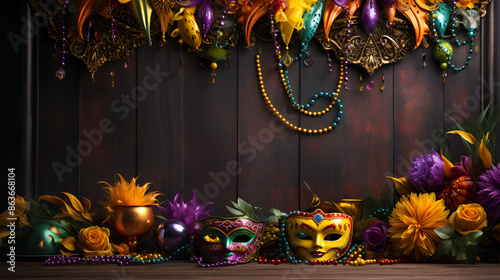 Mardi Gras masks and vibrant flowers arranged on a wooden table, adding a festive touch to the scene. photo