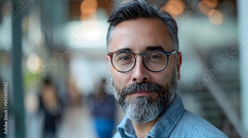 Portrait of a handsome businessman in glasses standing on a modern office building background. Close up face of cool trendy beared man in glasses looking at camera.