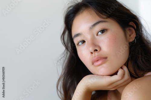A photograph of a mixed-race woman with Korean and Native American heritage, thoughtful pose, straight-on angle, half-body shot. White background.