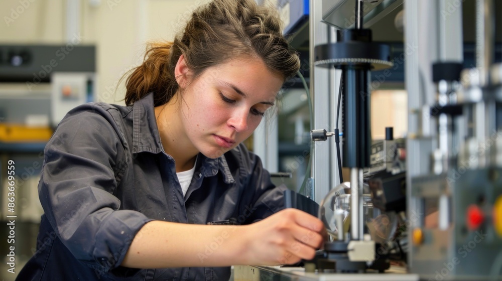 An efficient technical worker woman using power tools to fabricate mechanical parts An efficient technical worker woman using power tools to fabricate mechanical parts