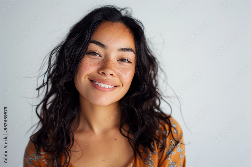 A photograph of a mixed-race woman with Spanish and Native American heritage, cheerful pose, straight-on angle, half-body shot. White background. A photograph of a mixed-race woman with Spanish and Native American heritage, cheerful pose, straight-on angle, half-body shot. White background.