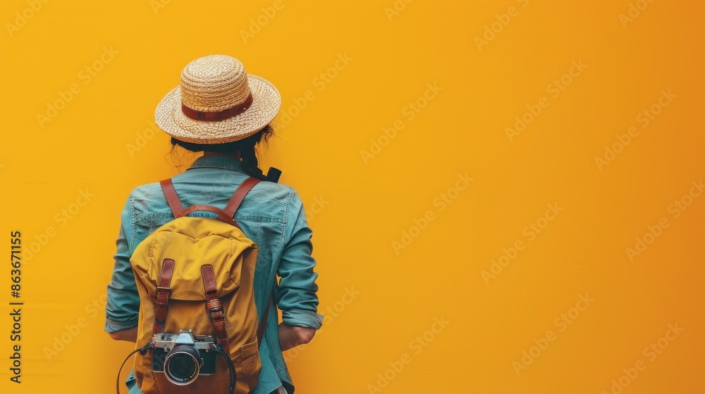 A distinctive portrait of a traveler with a camera head, standing in front of a solid color background The image blends the human form with the technological element of a camera, showing the subject A distinctive portrait of a traveler with a camera head, standing in front of a solid color background The image blends the human form with the technological element of a camera, showing the subject