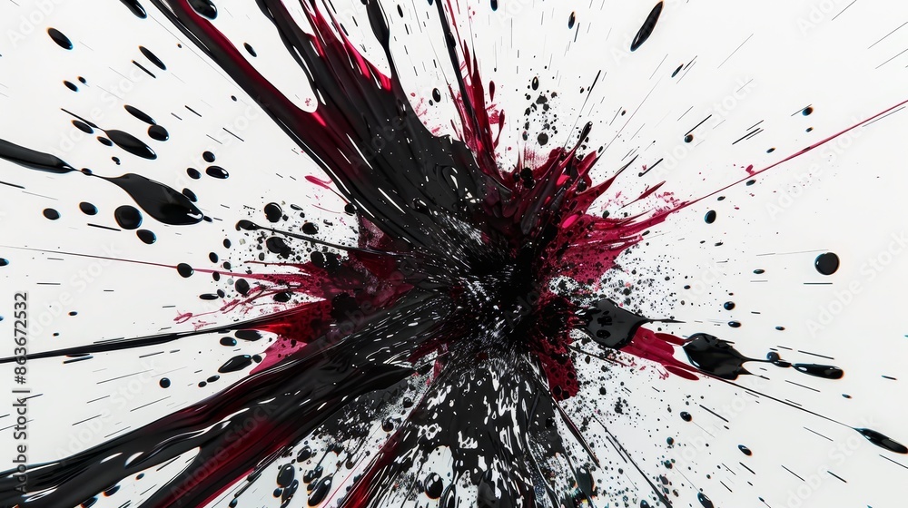 Dynamic explosion of black and red ink on white canvas. Intense central burst radiates outward in chaotic tendrils and splatters. Dominant black ink intertwines with vibrant crimson accents. Fluid for