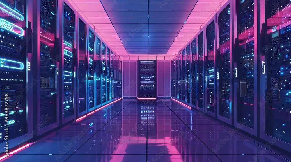 Fototapeta premium A futuristic data center with rows of servers and neon lights. The servers are glowing with blue and pink lights.