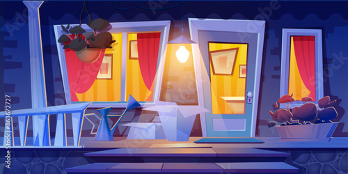House porch with light from closed glass front door and windows at night. Cartoon vector evening scene with dark home terrace and entrance. Wooden veranda with stairs and fence, doorway and flowers.