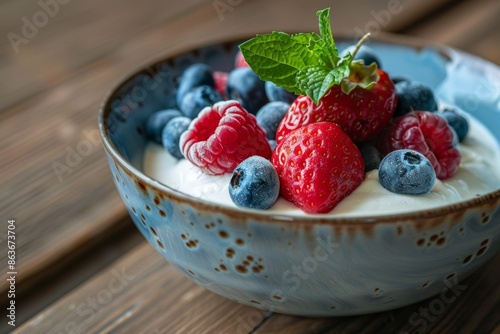 A bowl filled with creamy Greek yogurt, adorned with a colorful assortment of fresh berries on top photo