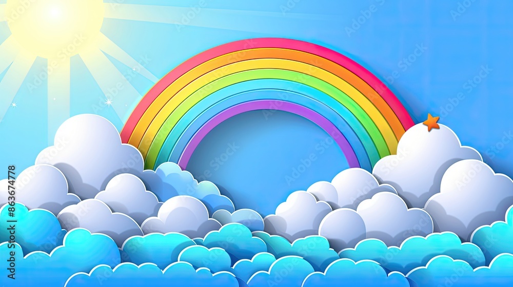 A colorful rainbow is drawn in the sky with clouds in the background A colorful rainbow is drawn in the sky with clouds in the background