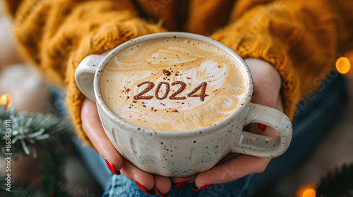 Happy New Year 2024 Female hand holding coffee mug on frothy surface of cappuccino served number 2024 in white coffee mug.. photo