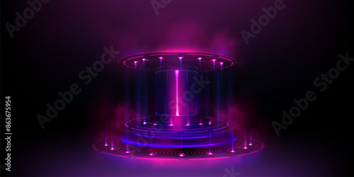 3d tech hologram podium or light portal platform. Pink neon game stage. Hud futuristic teleport with fantasy glow effect. Cyber casino design with smoke and round base element to display product