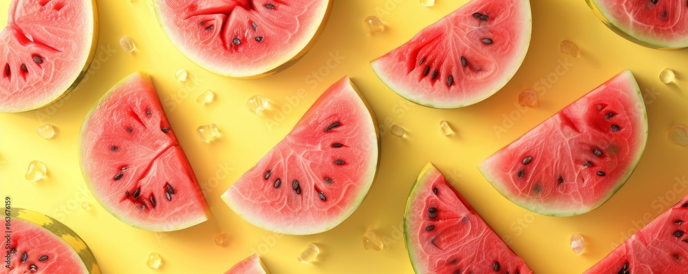 Fresh watermelon slices on a yellow background with ice cubes Fresh watermelon slices on a yellow background with ice cubes