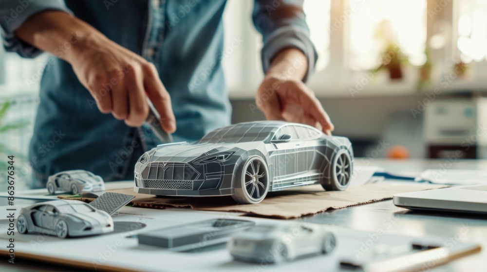 An engineer presenting a scale model of a car concept, with clear space around for adding personalized messages or branding 