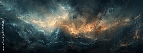 A painting of a turbulent sky on the brink of a storm, teeming with ominous clouds in the background photo