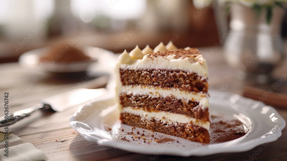 A charming carrot cake with cream cheese frosting and a sprinkle of cinnamon, served on a white ceramic plate with a silver cake server. A charming carrot cake with cream cheese frosting and a sprinkle of cinnamon, served on a white ceramic plate with a silver cake server.