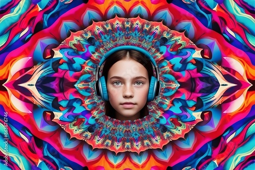 Auditory Hallucinations: A Kaleidoscopic Distortion.The pattern is overlaid with vibrant colors and abstract shapes, resulting in a dizzying, hallucinogenic visual experience that illustrates the co.. photo