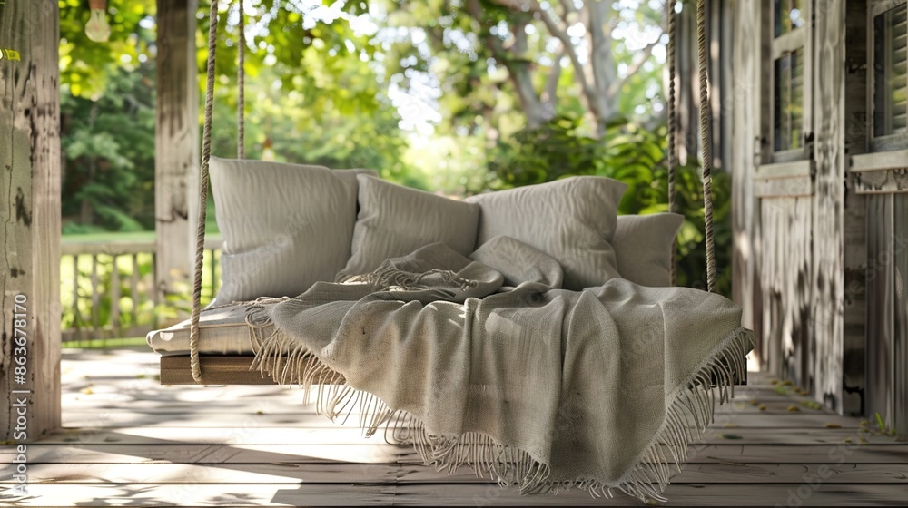A lightweight linen throw blanket draped over a porch swing, fluttering gently in the breeze and inviting relaxation in an outdoor oasis.
