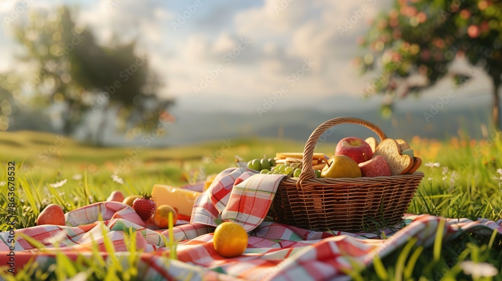 A quaint picnic basket filled with assorted goodies like sandwiches, fruits, and cheese, placed on a checkered blanket amidst a lush green field. A quaint picnic basket filled with assorted goodies like sandwiches, fruits, and cheese, placed on a checkered blanket amidst a lush green field.