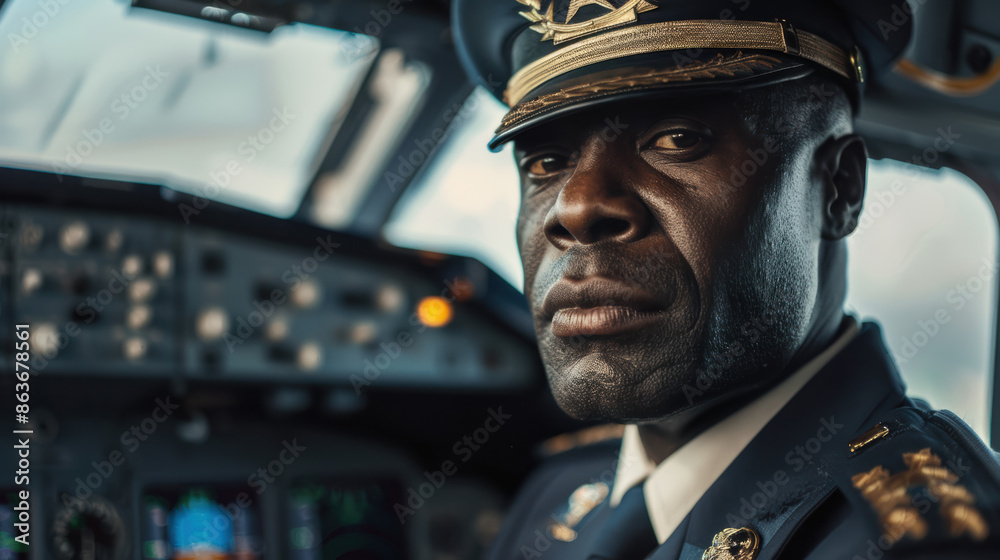 Portrait of an african american airline pilot in cockpit of commercial airplane. Portrait of an african american airline pilot in cockpit of commercial airplane.
