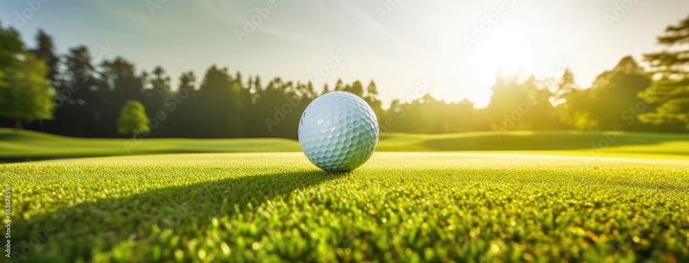 Green grass with golf ball close-up in soft focus at sunlight. Golf playground for golf concept. Olympic game 2024 in Paris. Green grass with golf ball close-up in soft focus at sunlight. Golf playground for golf concept. Olympic game 2024 in Paris.
