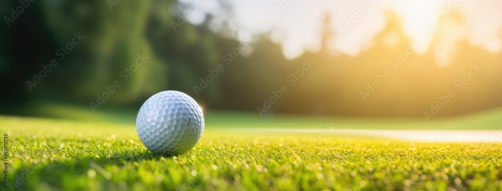 Green grass with golf ball close-up in soft focus at sunlight. Golf playground for golf concept. Olympic game 2024 in Paris. Green grass with golf ball close-up in soft focus at sunlight. Golf playground for golf concept. Olympic game 2024 in Paris.