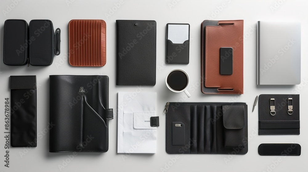 A set of compact travel organizers, including passport holders, luggage tags, and document wallets, laid out on a white surface for seamless pre-flight preparation.