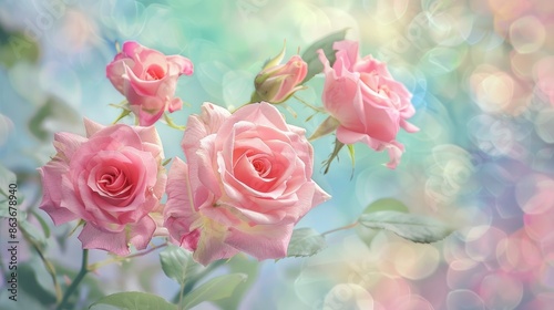 Romantic Pink Roses with Soft Focus on Colorful Background