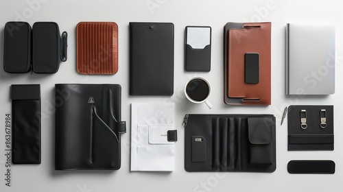 Obraz na płótnie A set of compact travel organizers, including passport holders, luggage tags, and document wallets, laid out on a white surface for seamless pre-flight preparation. w salonie