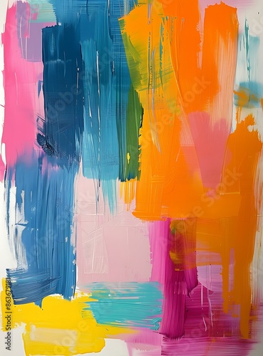 Modern and minimalist abstract painting featuring vibrant teal, pink, yellow, and orange hues and bold brushstrokes