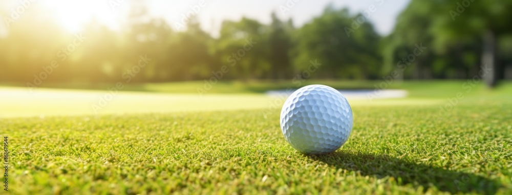 Green grass with golf ball close-up in soft focus at sunlight. Golf playground for golf concept. Olympic game 2024 in Paris. Green grass with golf ball close-up in soft focus at sunlight. Golf playground for golf concept. Olympic game 2024 in Paris.